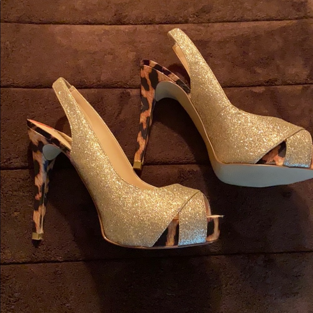 platform peep toe animal print and gold heels